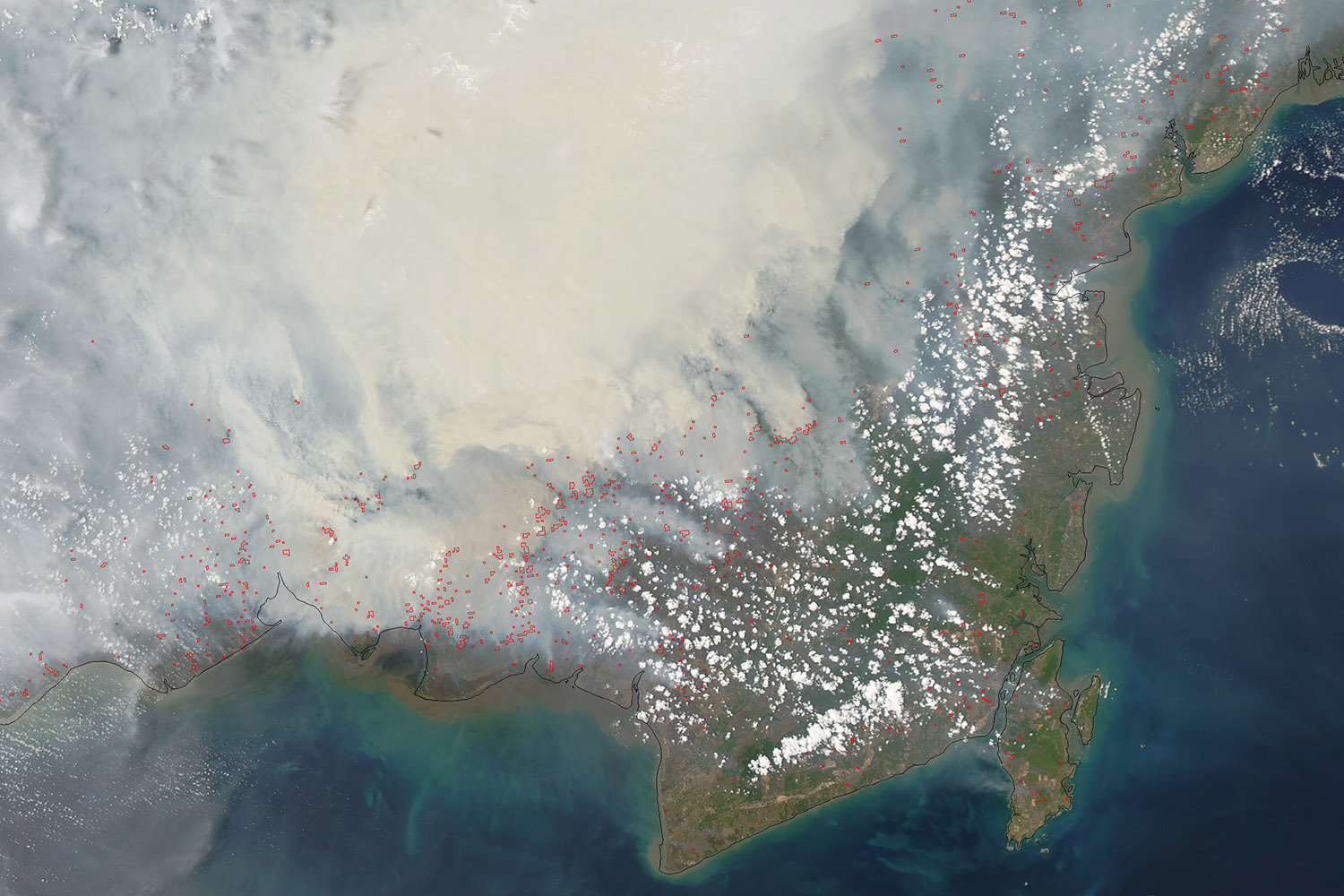 View from satellite of smoke caused by a fire in Borneo
