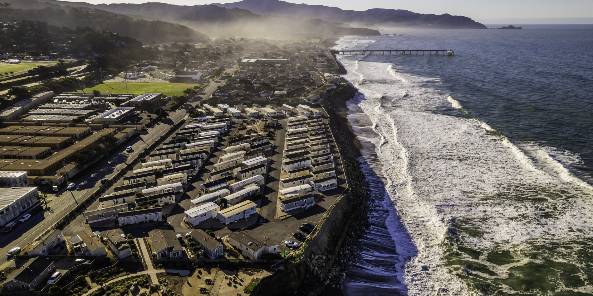 Aerial view of coastal mobile home park in Pacifica, Calif.