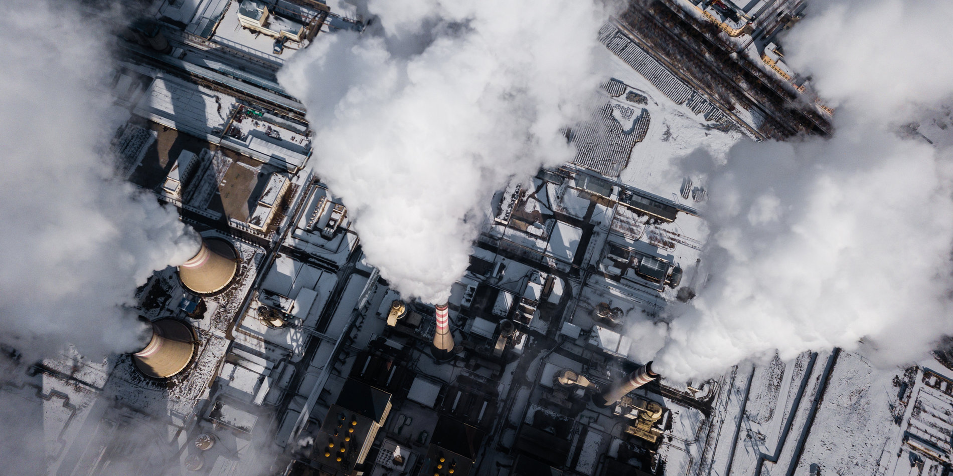 Aerial view of pollution rising from a coal fired power plant in Gansu Province