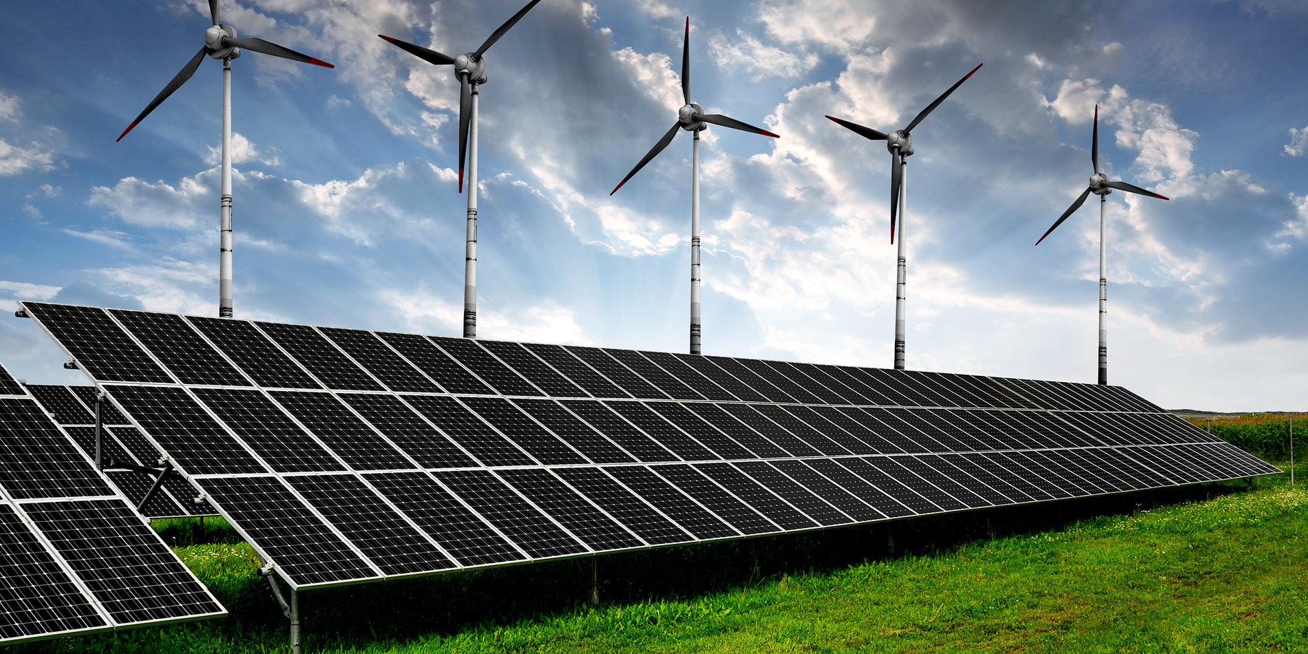 Solar panels and wind turbines.