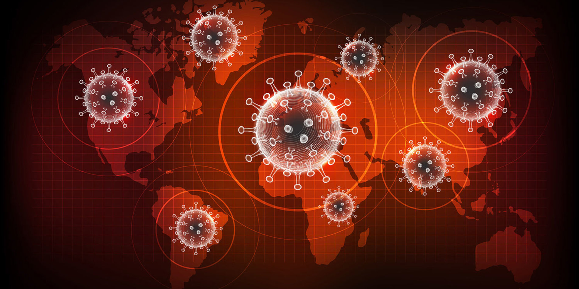 Illustration of corona virus on a world map