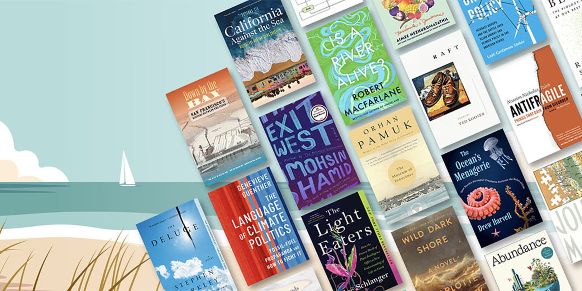 Book covers overlay an illustration of beach sand, sea, and sky