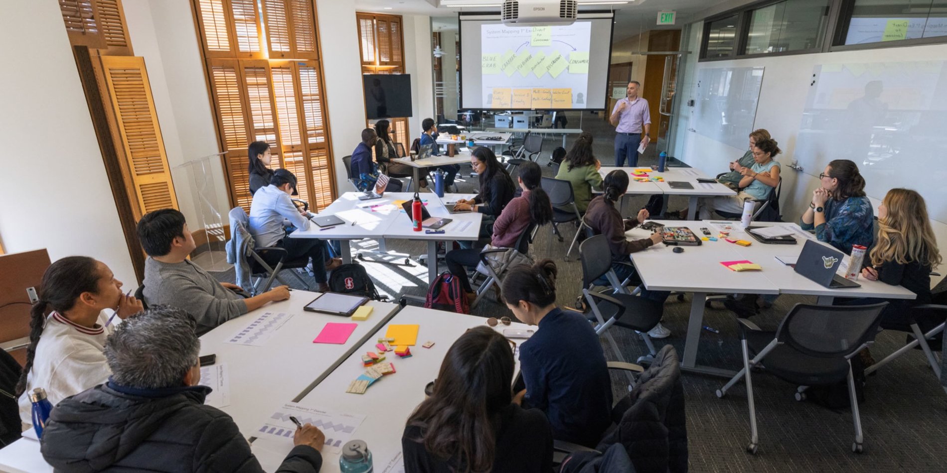 Students at tables in a classroom looking at a screen at the front