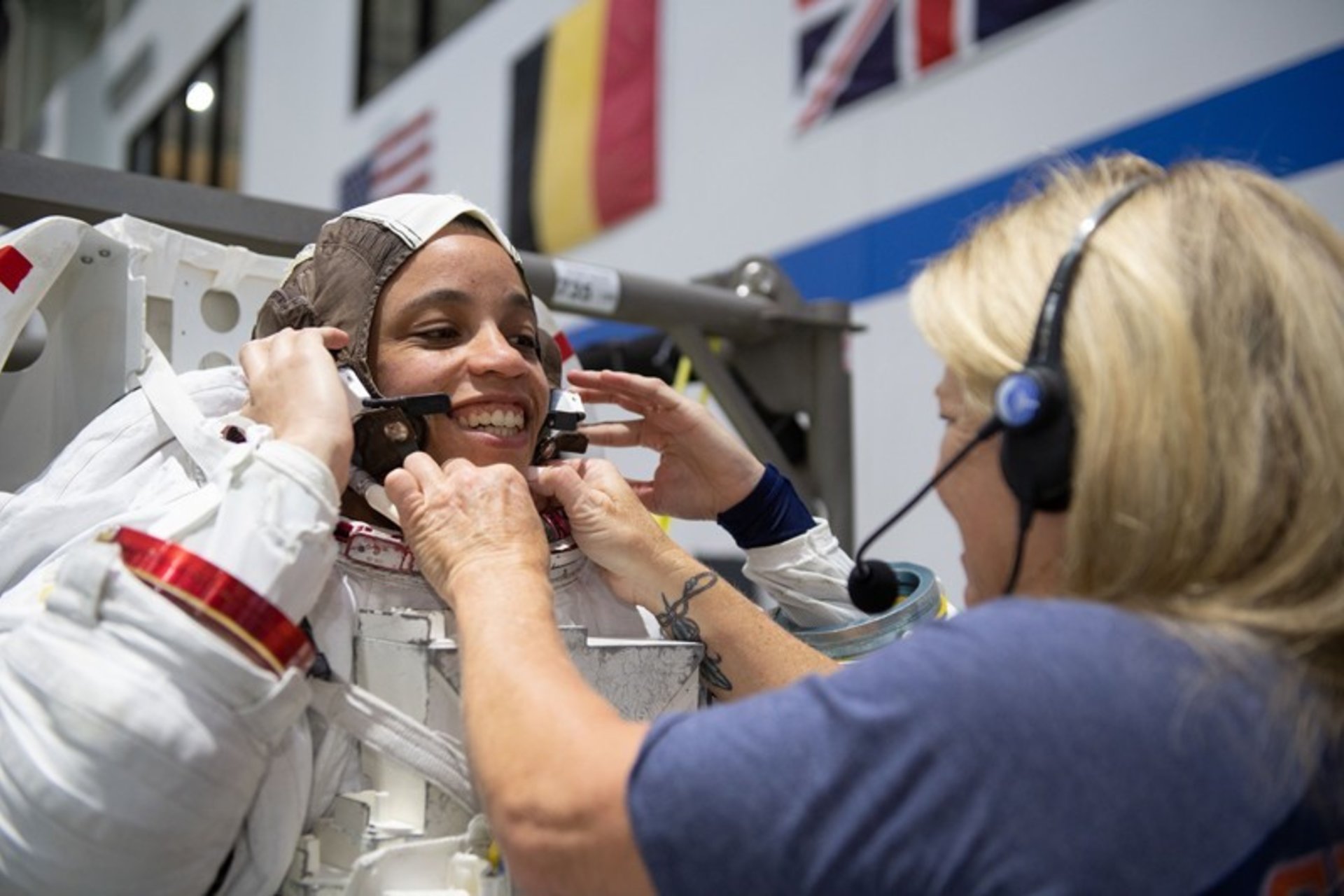 Jessica Watkins putting on spacesuit