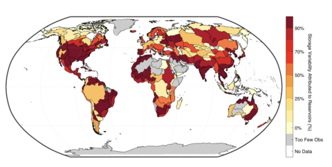Map showing human influence on seasonal surface water variability by basin