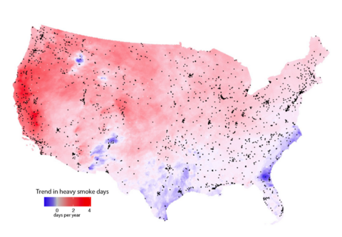 Map of the continental United States showing trend of increasing heavy smoke days