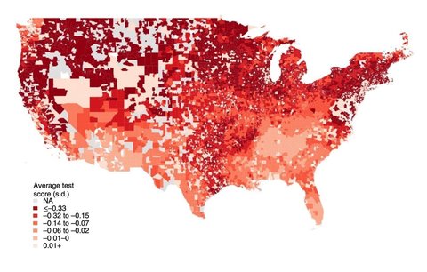 A map of the contiguous US shows the predicted effect on average test scores by district in a relatively high-smoke year, 2016, with darker shades indicating a stronger impact. 