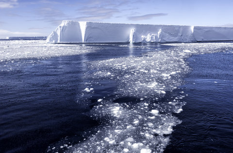 View of ice and deep blue water in the Southern Ocean