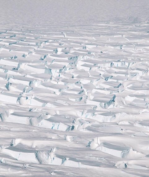 Close-up of ice shelf with cracks across it