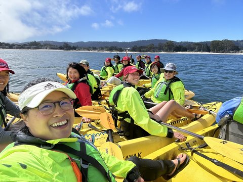 Staff and students in kayaks in Monterey Bay