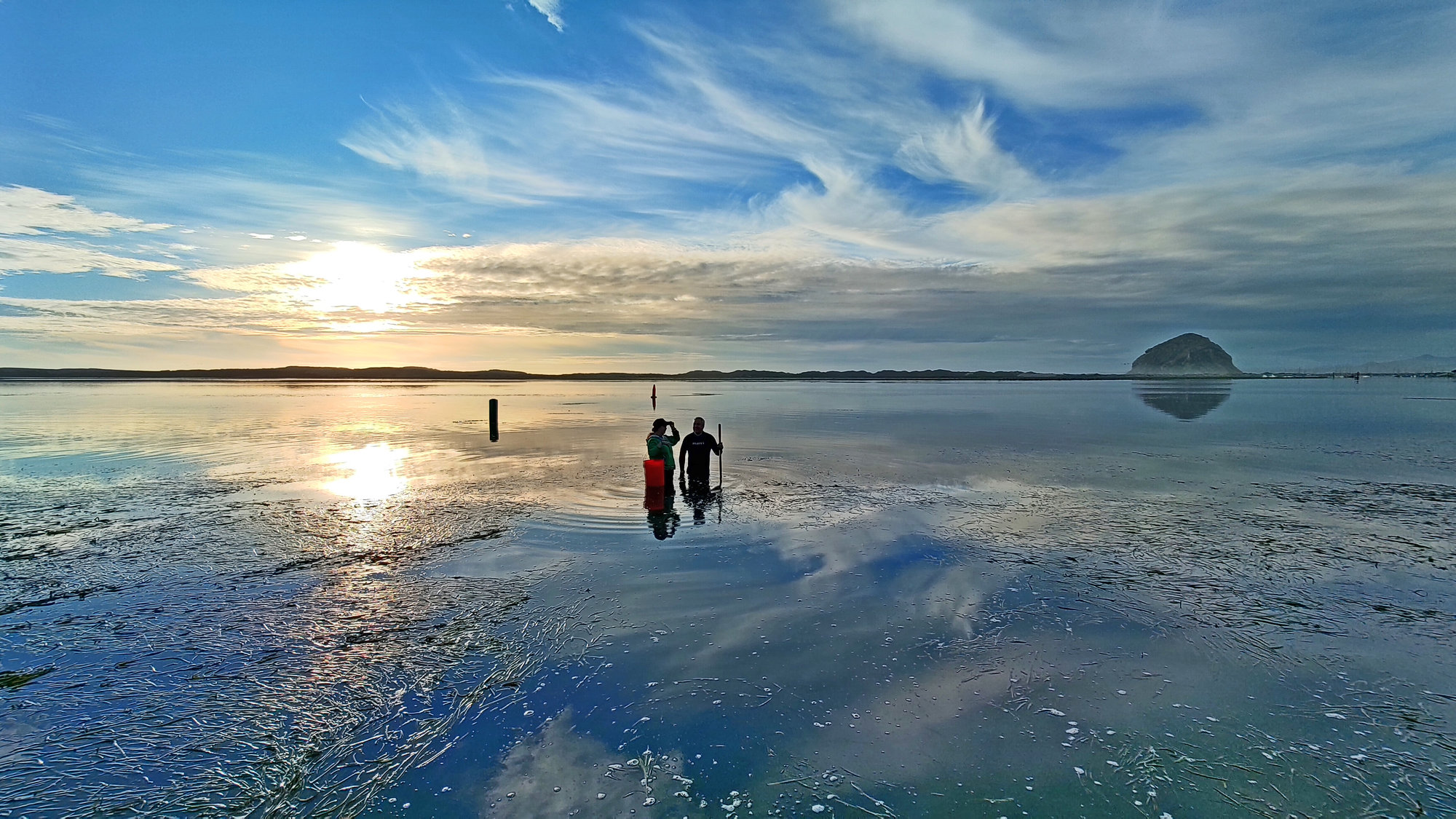 Small silhouettes of two researchers with equipment standing in the water, which reflects the blue stretch of sky above