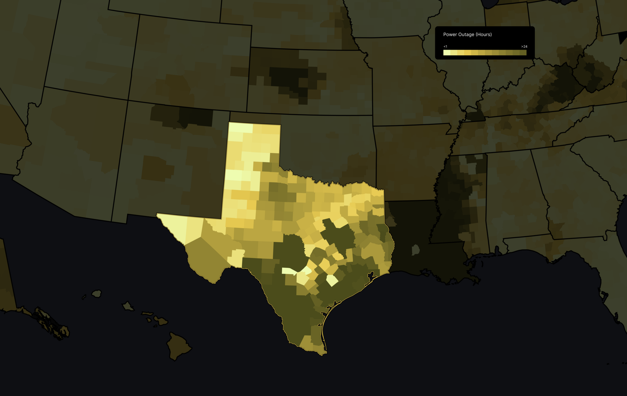 Map showing power outage time in Texas with more power lines underground