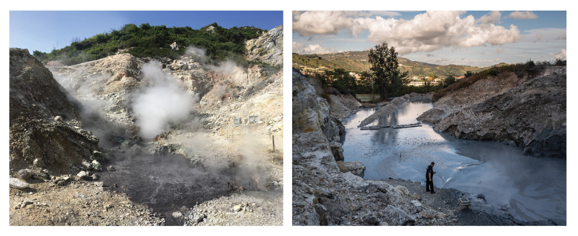 Side by side photos of a small spring and a large water basin